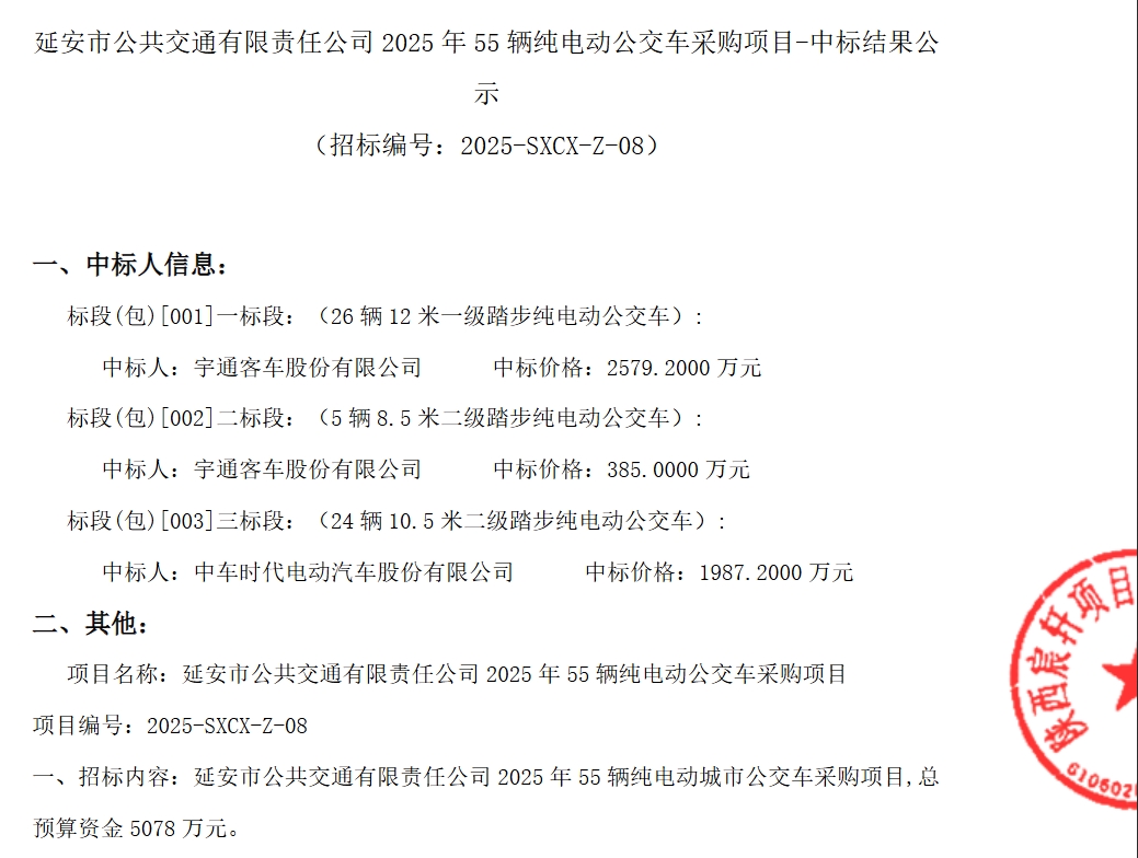 延安市公共交通有限責(zé)任公司2025年55輛純電動(dòng)公交車采購項(xiàng)目-中標(biāo)結(jié)果公示(圖1)
