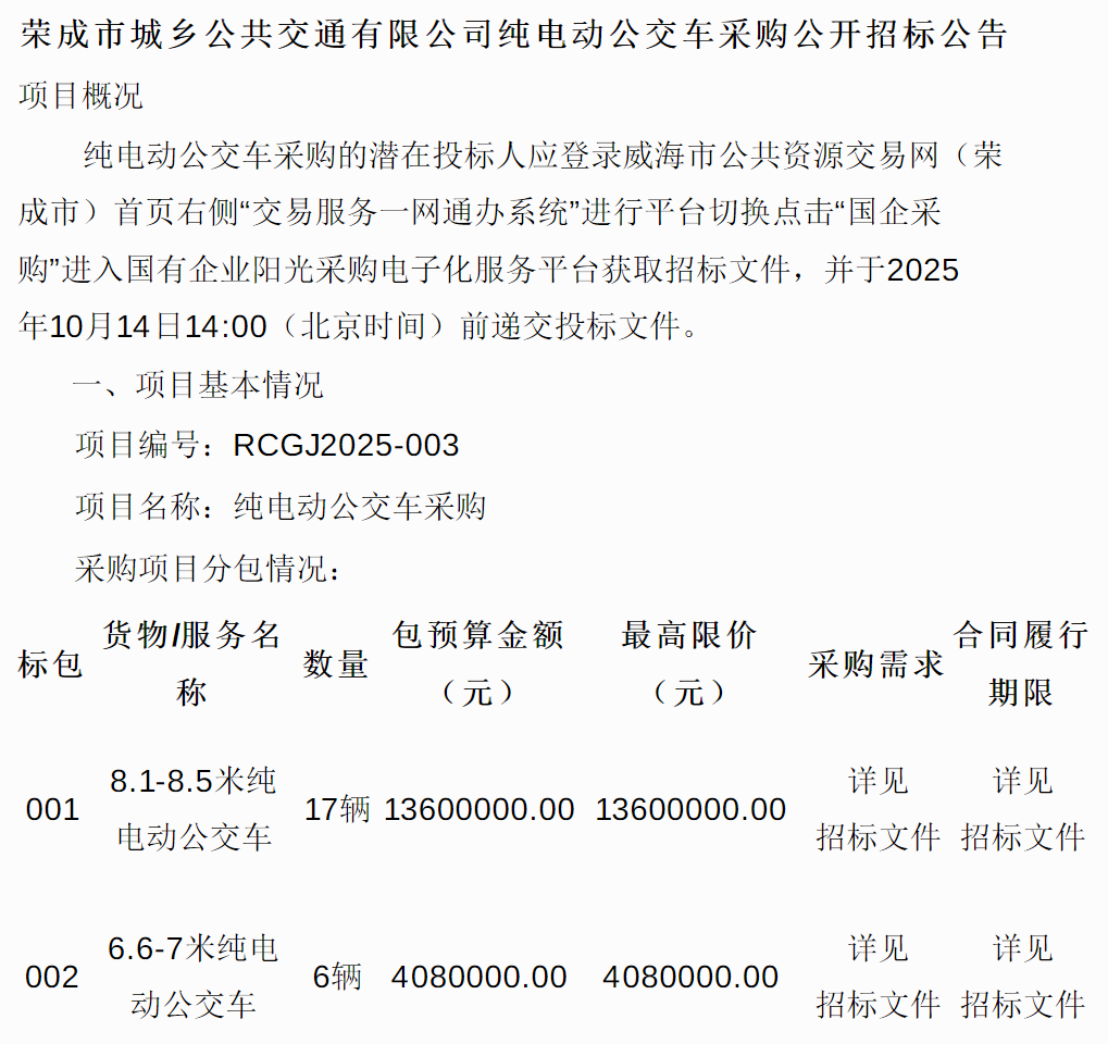 招标丨荣成市城乡公共交通有限公司纯电动公交车采购公开招标公告(图1)